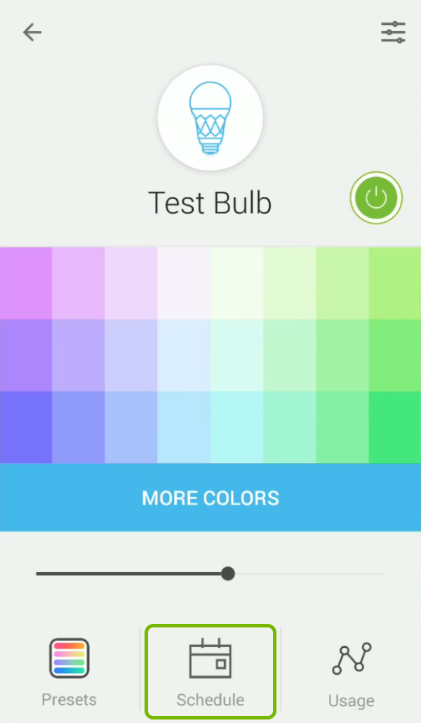 Schedule option highlighted in bulb options of Kasa app.