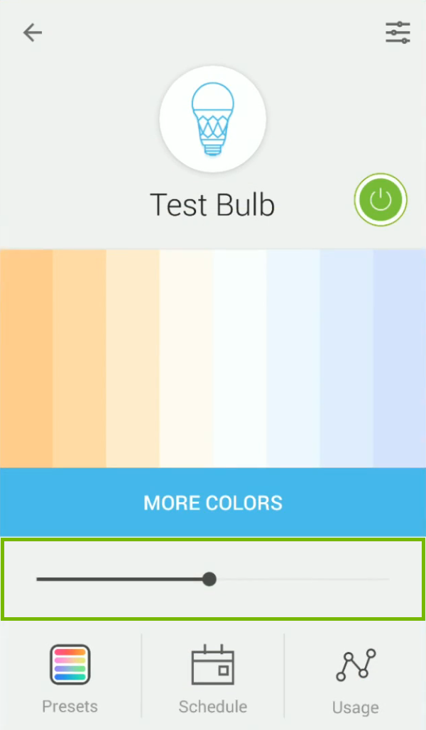 Bulb brightness level slider highlighted in the Kasa app.