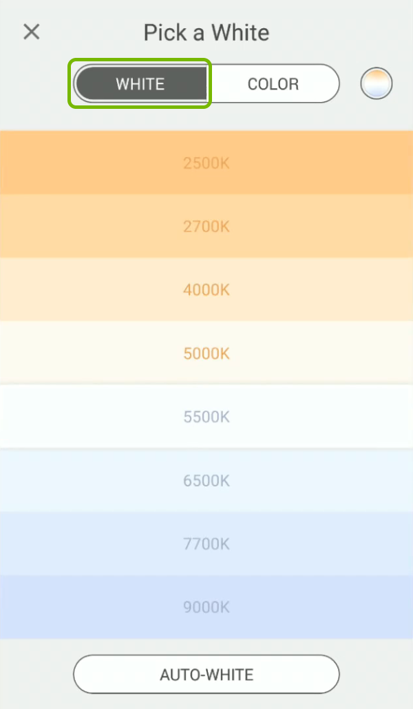 White tab highlighted in color picker screen of Kasa app.