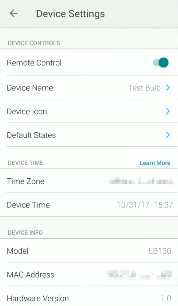 Device settings screen in Kasa app.