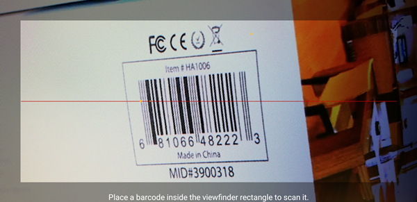 Capturing the barcode with your mobile device's camera. Screenshot.