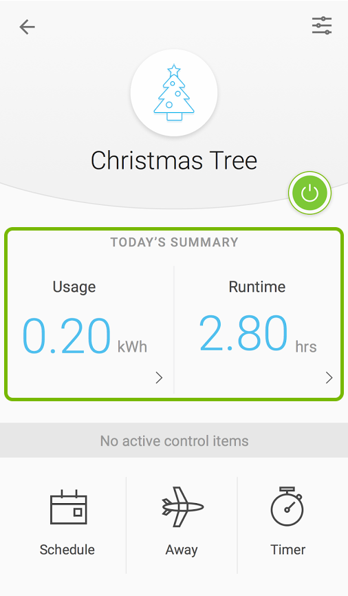 Runtime and Energy usage info highlighted for selected device in Kasa app.