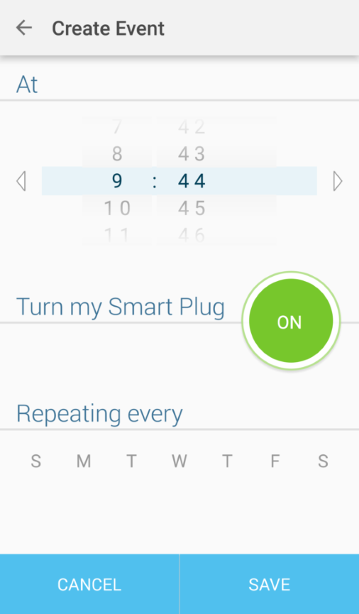 Scheduled event creation screen in Kasa app.