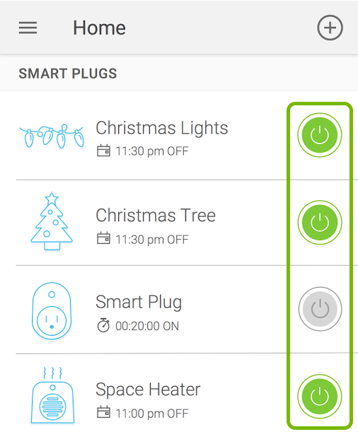 Toggle buttons highlighted for devices in Kasa app.