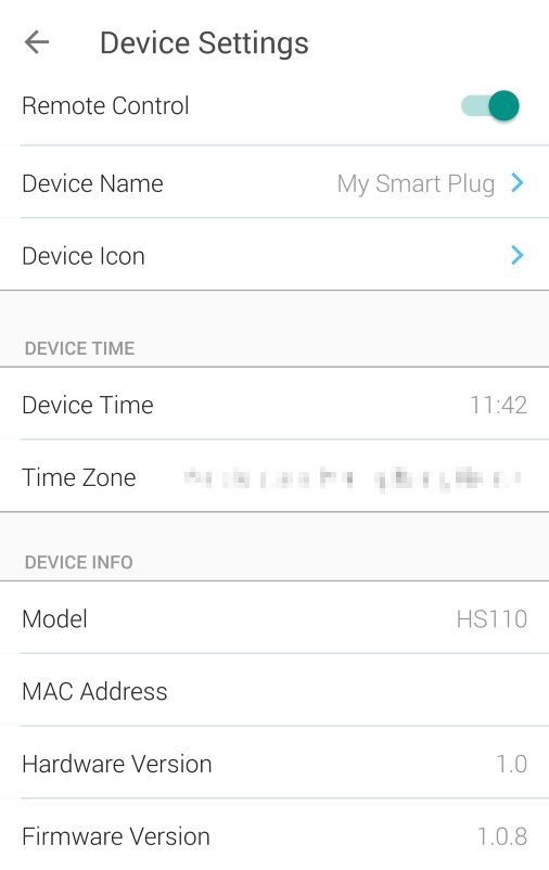 Settings screen for selected device in Kasa app.