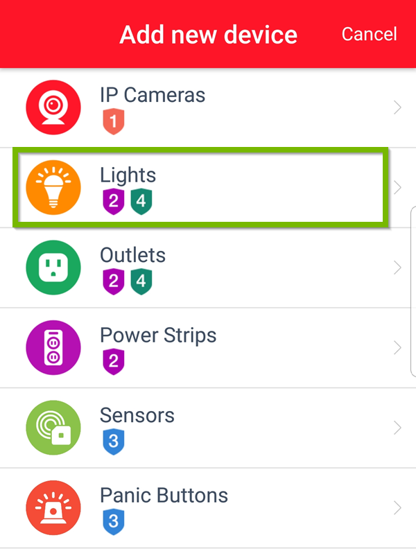 Add new device screen with Lights selected. Screenshot.