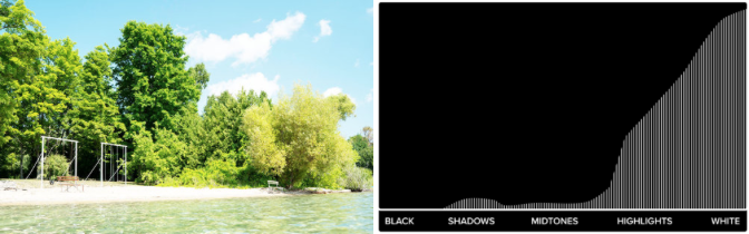 Histogram showing bump on far right for overexposed photo.