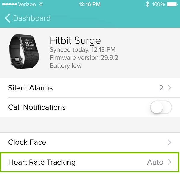 Fitbit app with Heart Rate Tracking highlighted. Screenshot