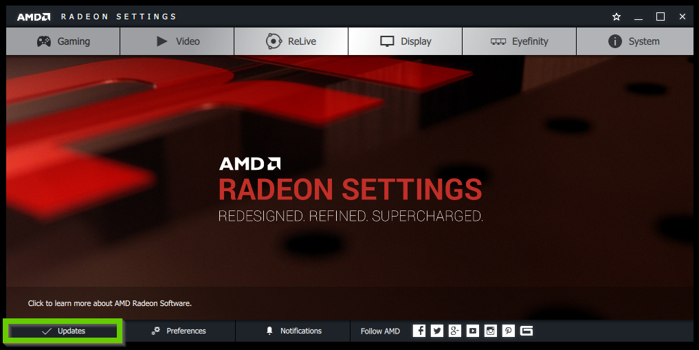 AMD Radeon Settings showing the update button