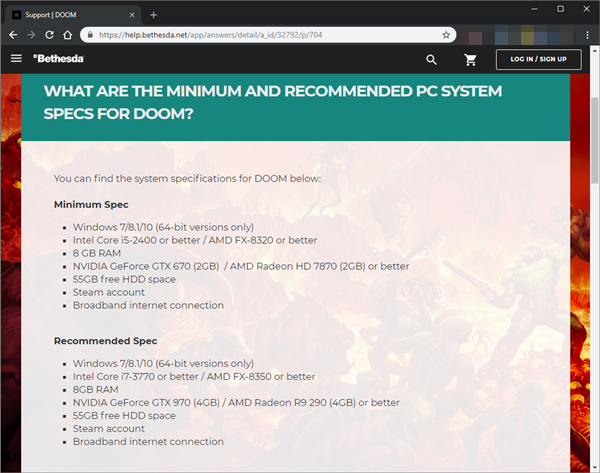 Bethesda website displaying the system requirements for Doom.