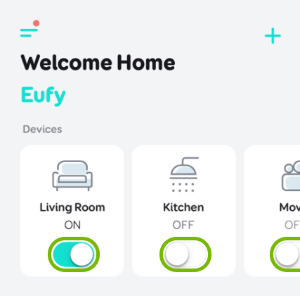 Toggle switches highlighted on plug tiles in EufyHome app.