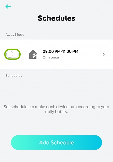 Toggle switch highlighted for Away Mode for selected plug in EufyHome app.