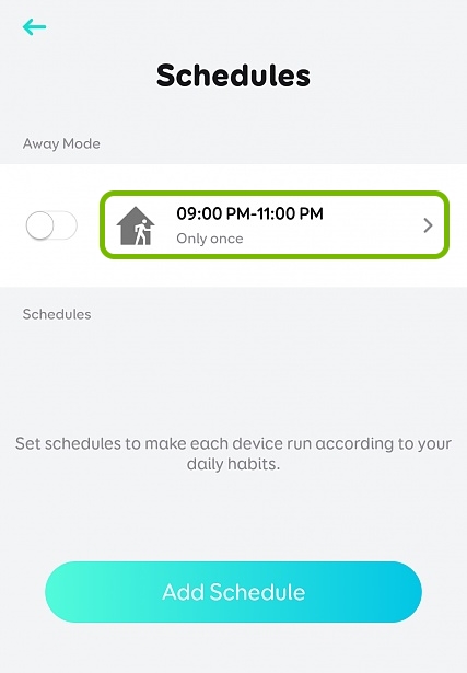 Away Mode option highlighted in schedule settings for selected plug in EufyHome app.