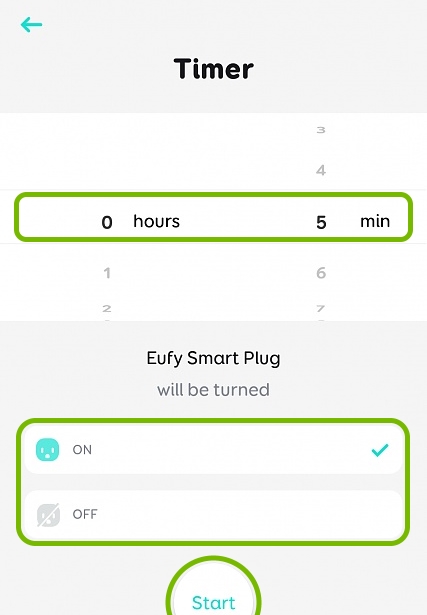 Countdown timer configuration screen for selected plug in EufyHome app.