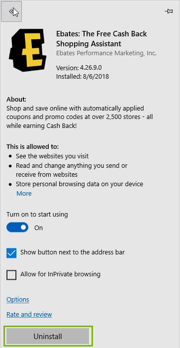 Extension information with uninstall highlighted. Screenshot