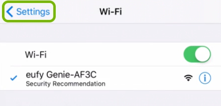 Back arrow highlighted in iOS WiFi settings to return to EufyHome app.