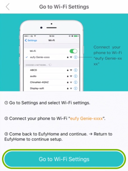 Go to WiFi Settings button highlighted on instructions screen of iOS version of the EufyHome app during Genie setup.