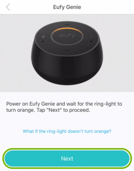 Next button highlighted on device power up screen in EufyHome app.