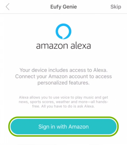 Sign in with Amazon button highlighted in EufyHome app during Genie setup.