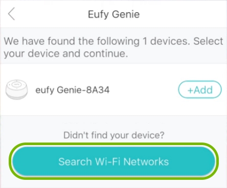 Search WiFi Networks button highlighted on Genie's WiFi selection screen of Android version of EufyHome app during Genie setup.