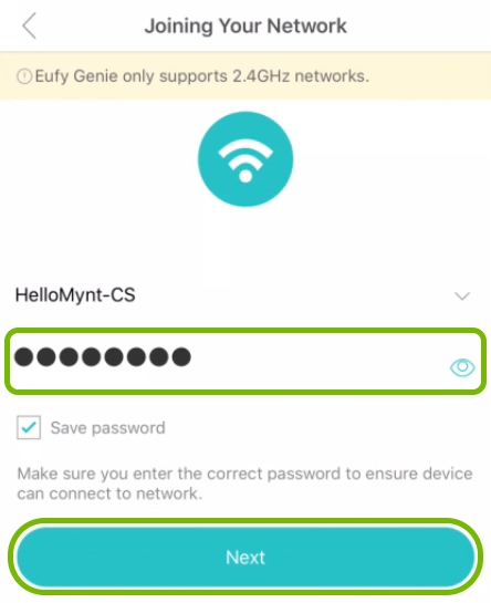 WiFi password entry field and Next button highlighted in EufyHome app during Genie setup.