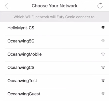 WiFi network selection list showing in EufyHome app during Genie setup.