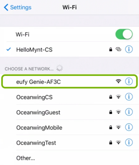 Eufy Genie's WiFi network name highlighted in WiFi settings of iOS device.