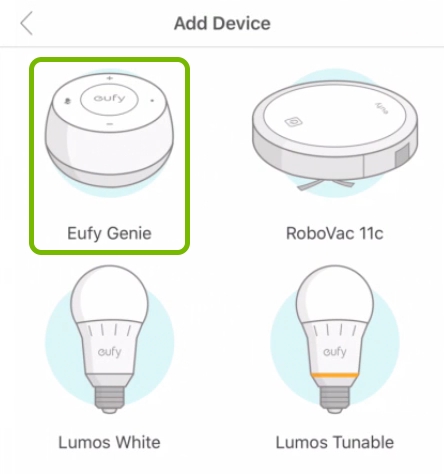 Eufy Genie highlighted in device selection list of EufyHome app.