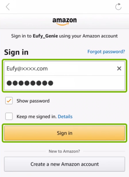 Email address and password entry fields, and Sign in button highlighted on Amazon login screen in EufyHome app during Genie setup.