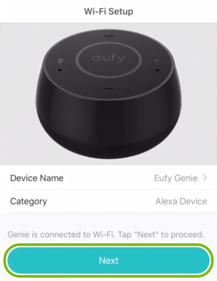 Next button highlighted on WiFi setup completion screen in EufyHome app.