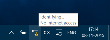No Internet access message showing in Windows 10.