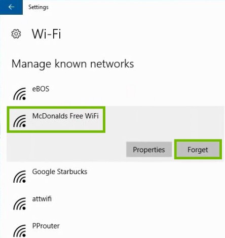 Manage Known Networks Settings with Wi-Fi network and Forget button highlighted.