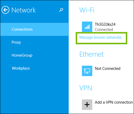 Network Connections with Manage known networks highlighted.