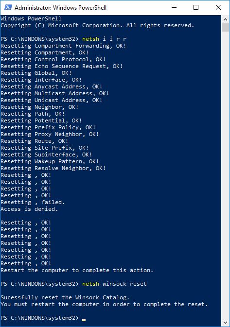 Windows 10 PowerShell network reset commands.