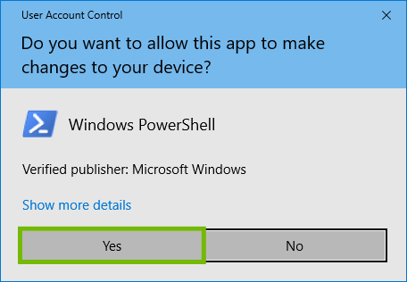 Windows 10 User Access Control prompt with Yes highlighted.
