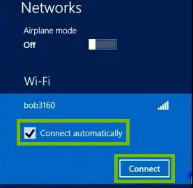 Network Connection with Connect automatically and Connect button highlighted.