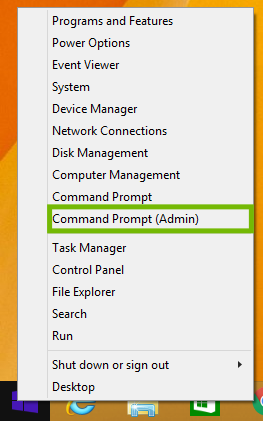 Windows 8 Start menu right-click menu, with Command Prompt Admin highlighted.