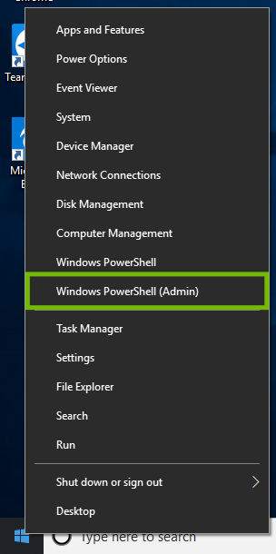 Windows 10 Start menu right click menu with PowerShell Admin highlighted.