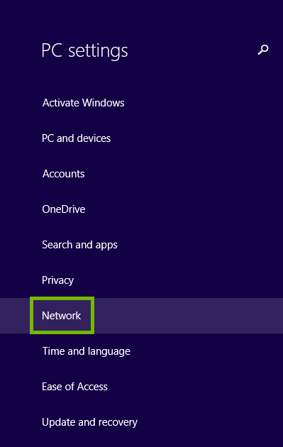 PC Settings with Network highlighted.