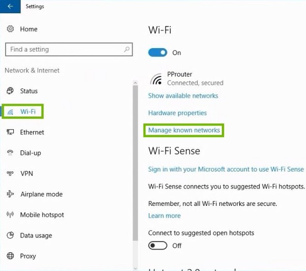 Windows 10 Settings with Wi-Fi and Manage known networks highlighted.