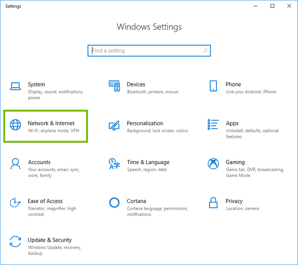 Windows 10 Settings with Network and Internet highlighted.