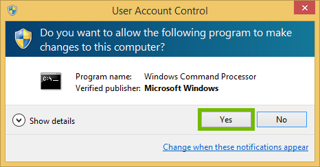 Windows 8 User Access Control prompt with Yes highlighted.