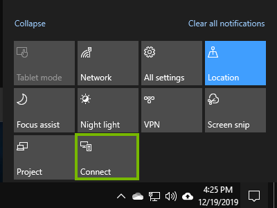 The connect button in the action center