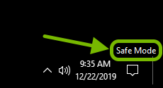 Safe Mode highlighted on bottom right corner of Windows 10 desktop.