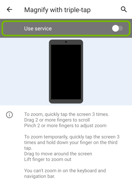 Toggle switch highlighted for Magnification feature in accessibility settings on Android.