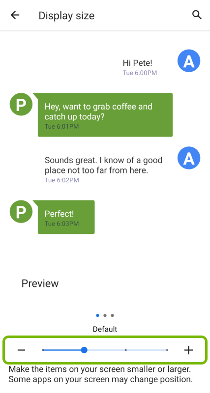 Display size selection slider highlighted in accessibility settings on Android.