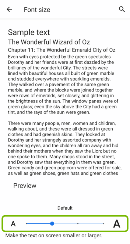Font size selection slider highlighted in accessibility settings on Android.