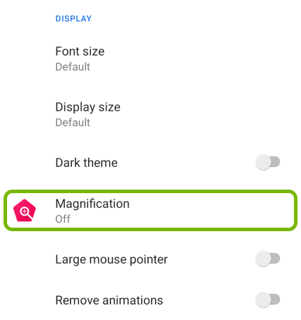 Magnification option highlighted in accessibility settings on Android.
