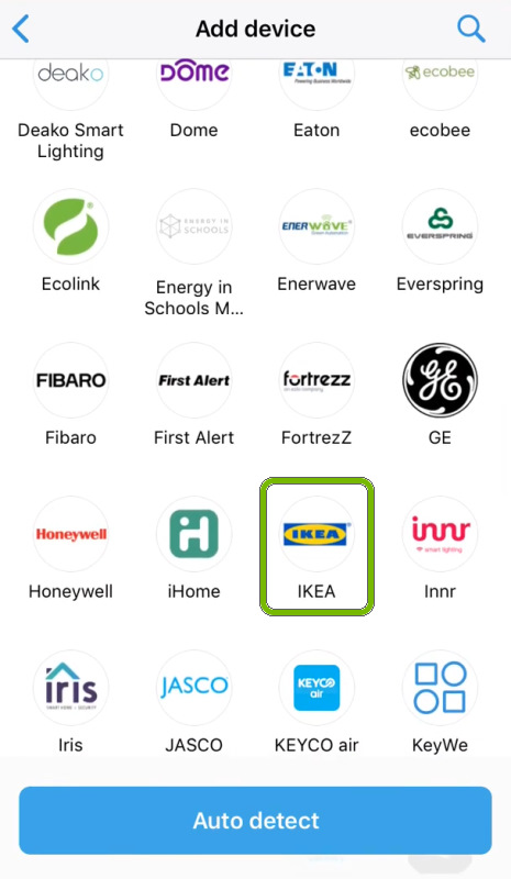 IKEA highlighted in device brand selection screen of SmartThings app.