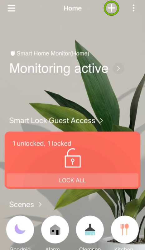 Plus sign highlighted on main screen of SmartThings app.